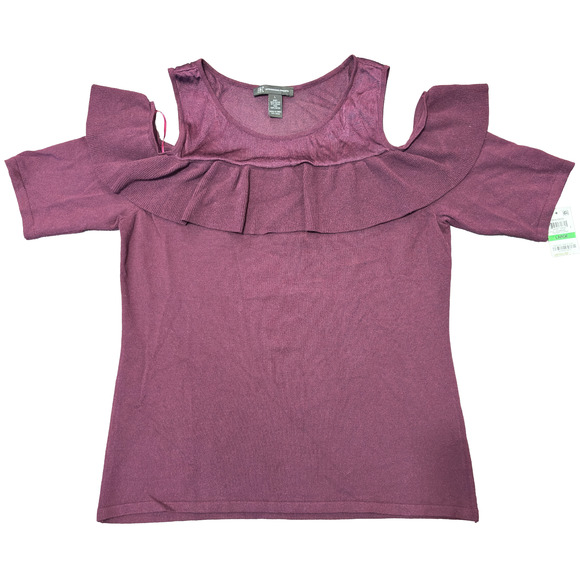 International Concepts Cold Shoulder Ruffle Top Purple Short Sleeve Blouse Large - Picture 1 of 13